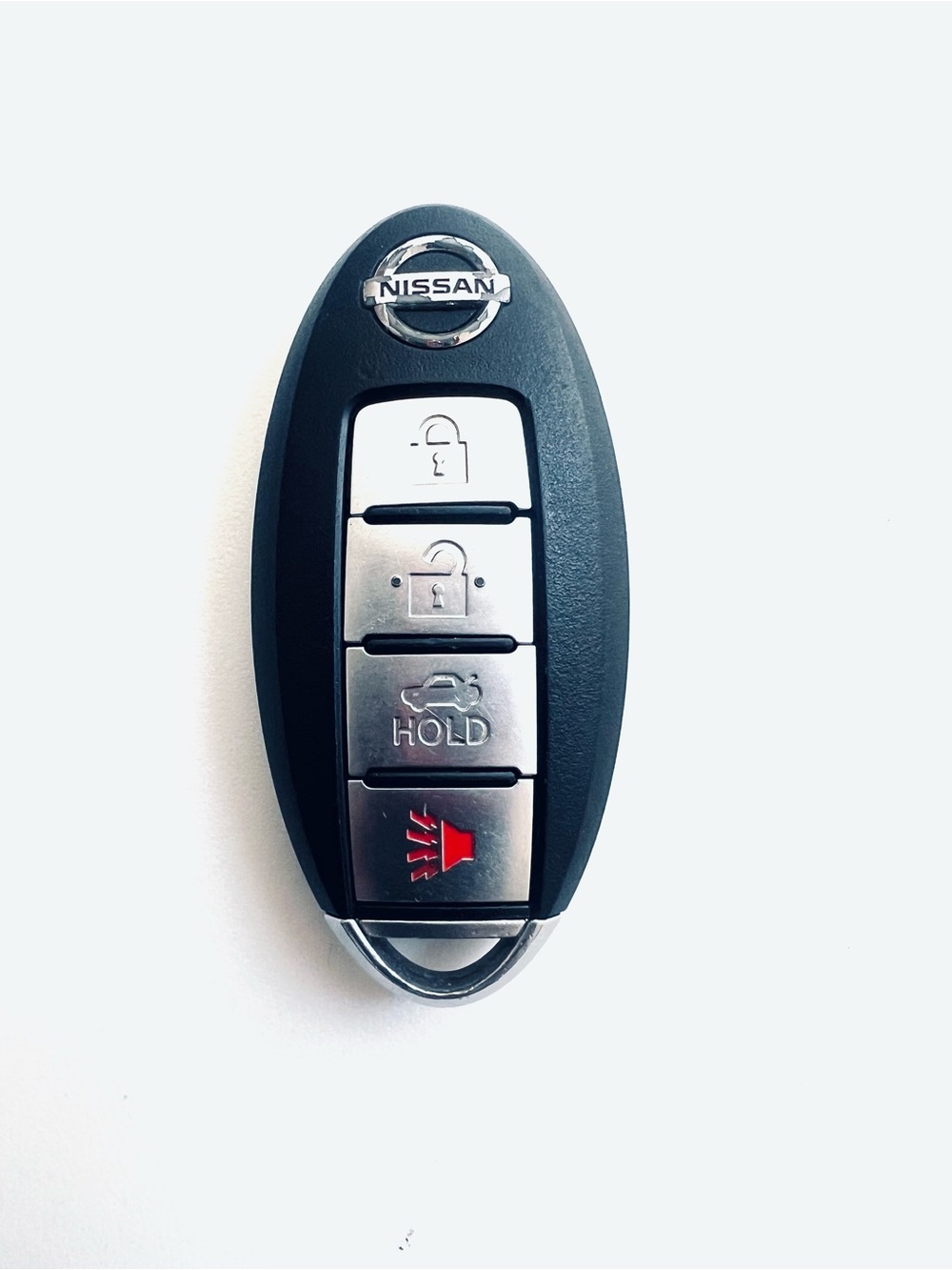 OEM Nissan Black Silver Key Fob with Red Panic 4 Button in Working Condition